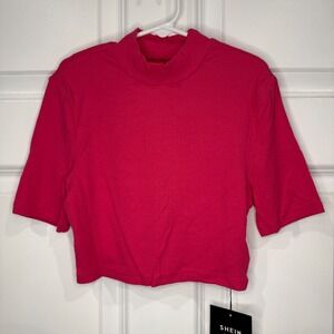 Shein Basics Hot Pink Ribbed Mock Neck Crop Top Short Sleeve Womens Size XS NWT